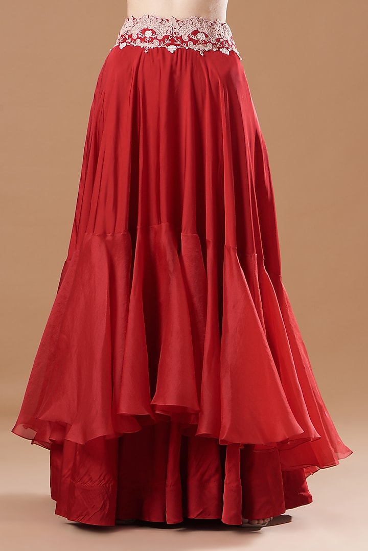 Red Satin & Silk Embroidered Jacket Bridal Lehenga Set by Minaxi Dadoo at Pernia's Pop Up Shop