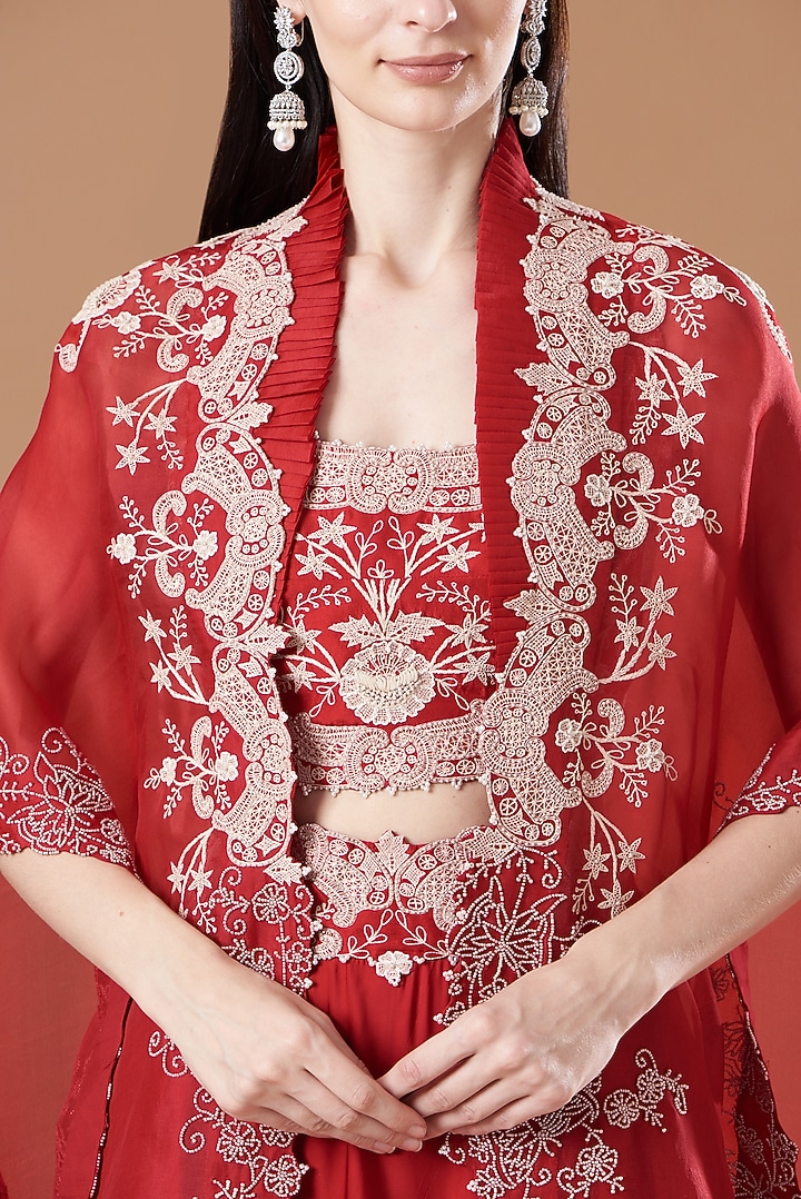Red Satin & Silk Embroidered Jacket Bridal Lehenga Set by Minaxi Dadoo at Pernia's Pop Up Shop