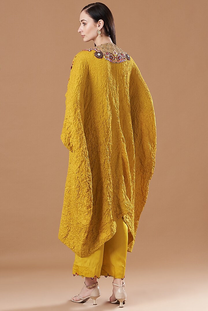 Yellow Crushed Dupion Embroidered Kaftan Set by Minaxi Dadoo at Pernia's Pop Up Shop