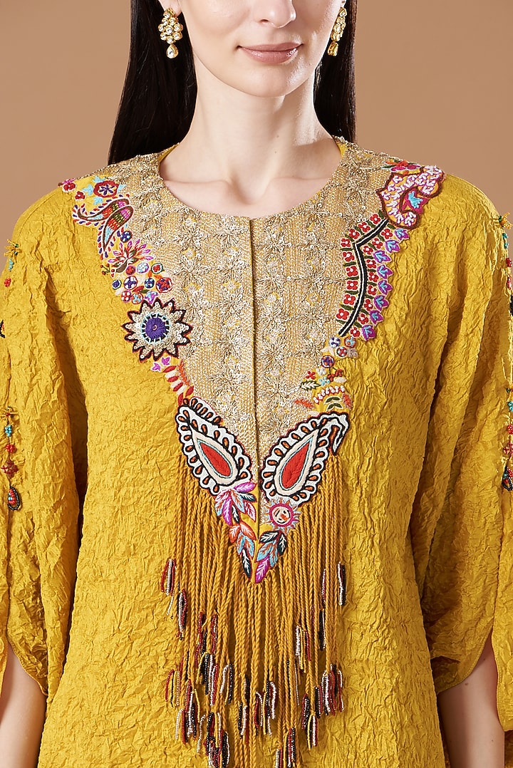 Yellow Crushed Dupion Embroidered Kaftan Set by Minaxi Dadoo at Pernia's Pop Up Shop