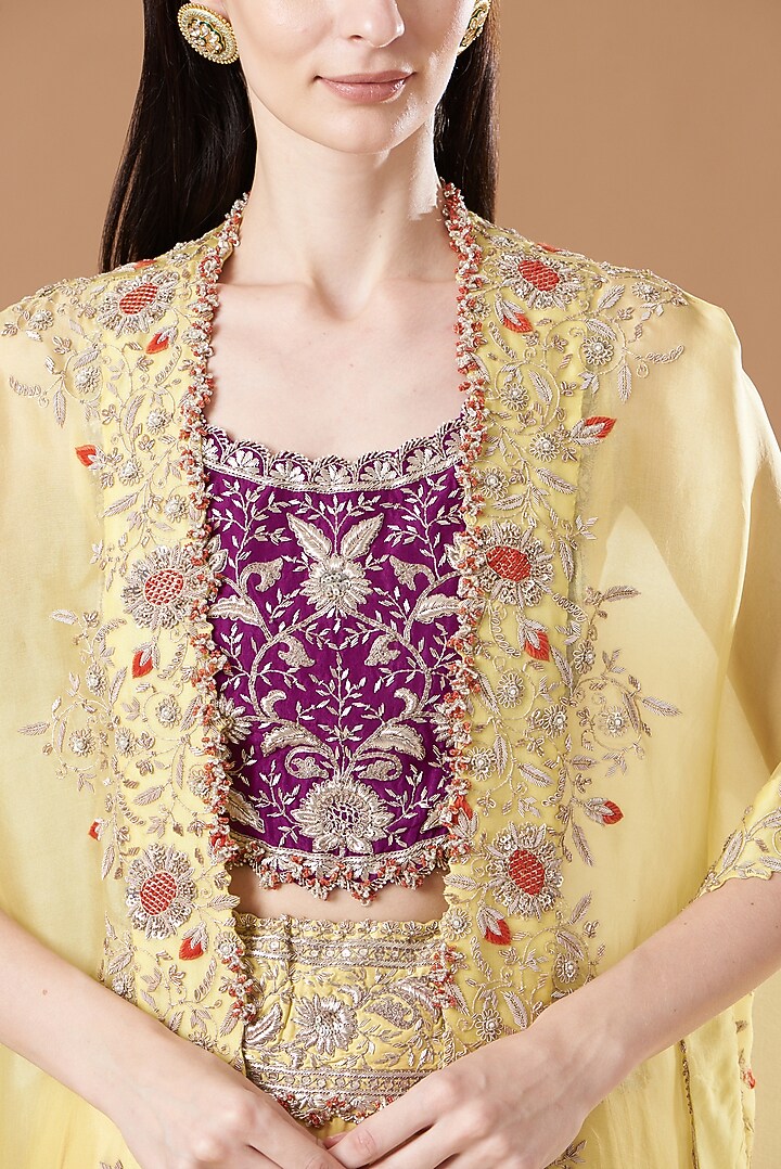 Yellow Satin & Organza Embroidered Jacket Bridal Lehenga Set by Minaxi Dadoo at Pernia's Pop Up Shop
