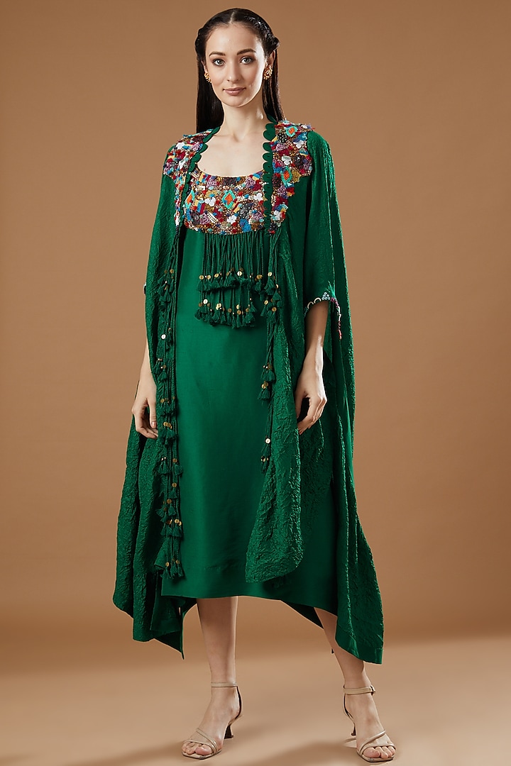 Green Crushed Dupion Dress With Cape by Minaxi Dadoo
