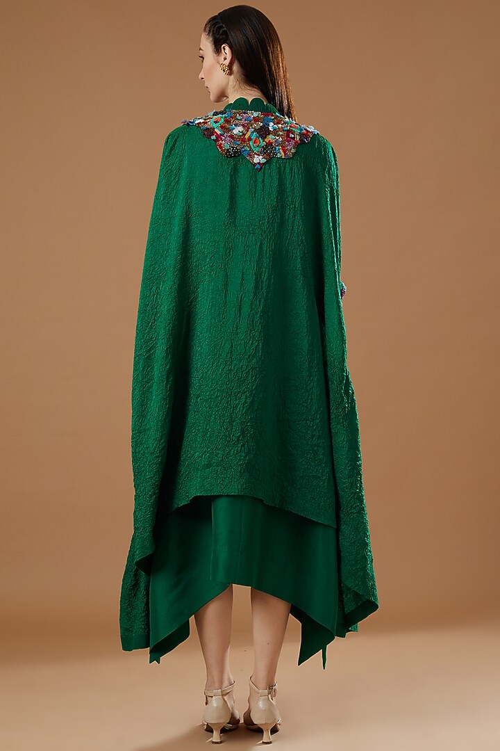 Green Crushed Dupion Party Wear Dress With Cape by Minaxi Dadoo at Pernia's Pop Up Shop