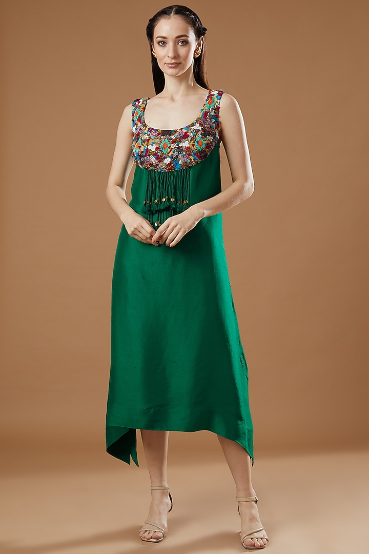 Green Crushed Dupion Party Wear Dress With Cape by Minaxi Dadoo at Pernia's Pop Up Shop