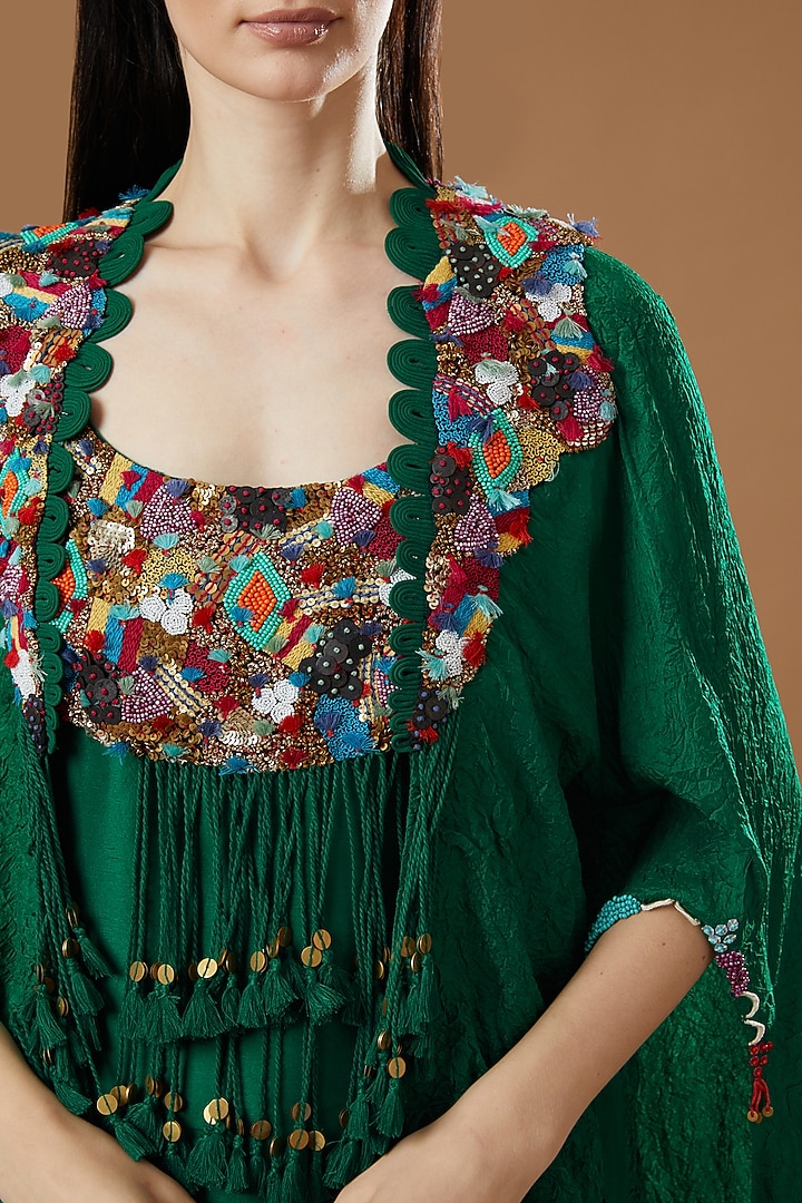 Green Crushed Dupion Party Wear Dress With Cape by Minaxi Dadoo at Pernia's Pop Up Shop