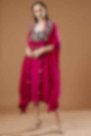 Rani Pink Dupion Dress With Cape by Minaxi Dadoo