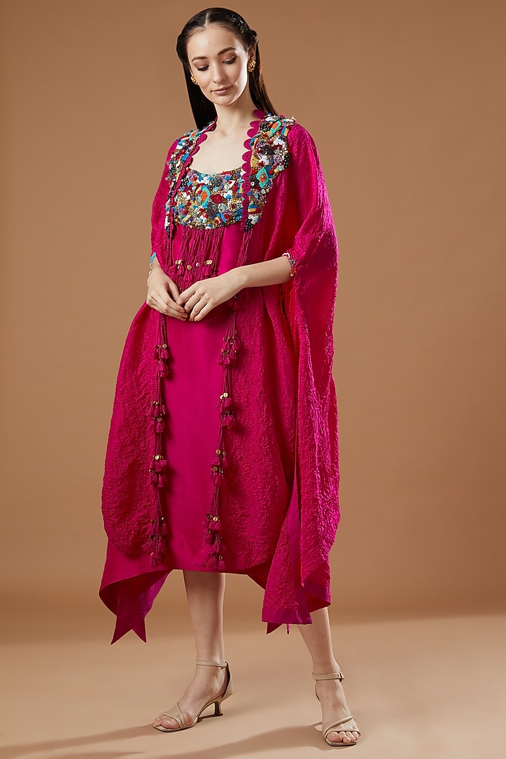 Rani Pink Crushed Dupion Dress With Cape by Minaxi Dadoo