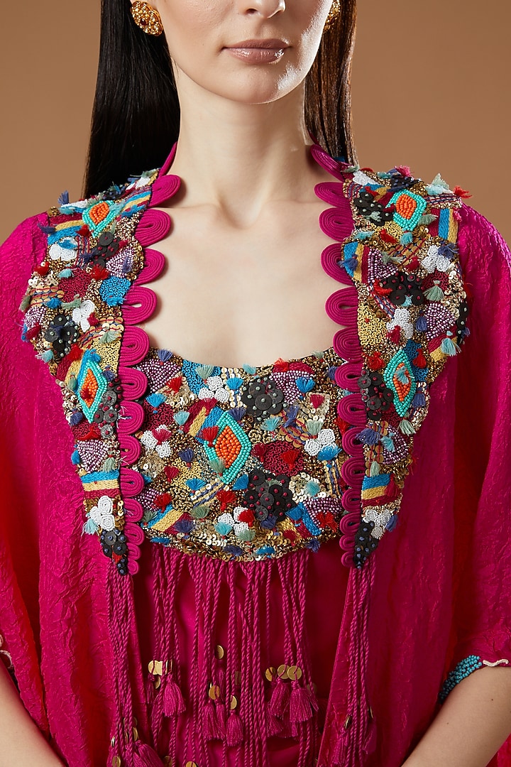 Rani Pink Crushed Dupion Party Wear Dress With Cape by Minaxi Dadoo at Pernia's Pop Up Shop