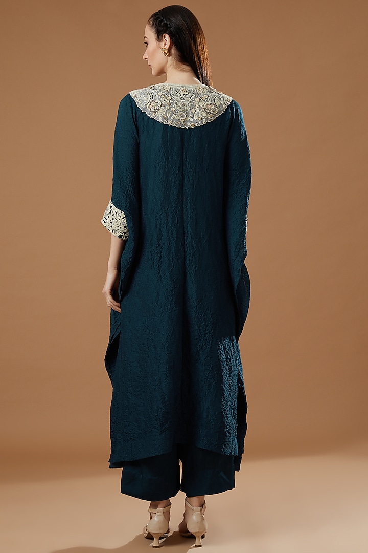 Peacock Blue Crushed Dupion Embroidered Kaftan Set by Minaxi Dadoo at Pernia's Pop Up Shop