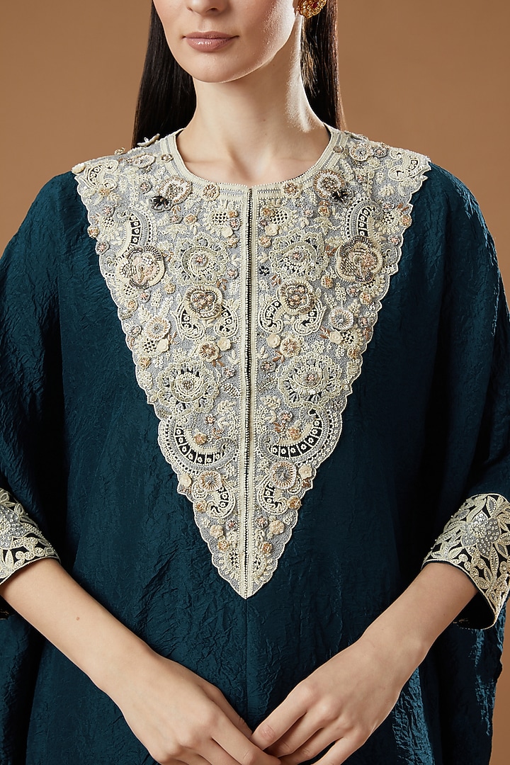 Peacock Blue Crushed Dupion Embroidered Kaftan Set by Minaxi Dadoo at Pernia's Pop Up Shop