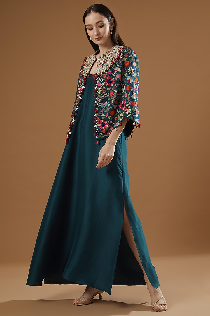 Peacock Blue Dupion Jacket Party Wear Dress by Minaxi Dadoo at Pernia's Pop Up Shop