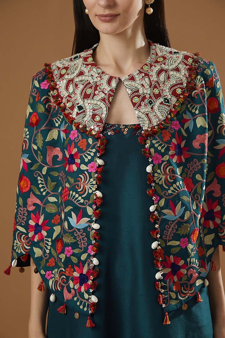 Peacock Blue Dupion Jacket Party Wear Dress by Minaxi Dadoo at Pernia's Pop Up Shop