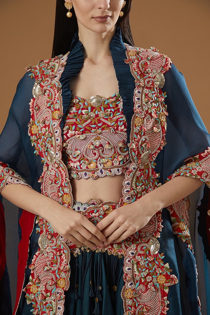 Blue Chanderi Jacket Bridal Lehenga Set by Minaxi Dadoo at Pernia's Pop Up Shop