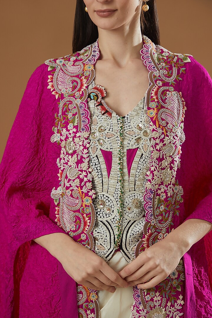 Rani Pink Dupion Butterfly Cape Set by Minaxi Dadoo at Pernia's Pop Up Shop