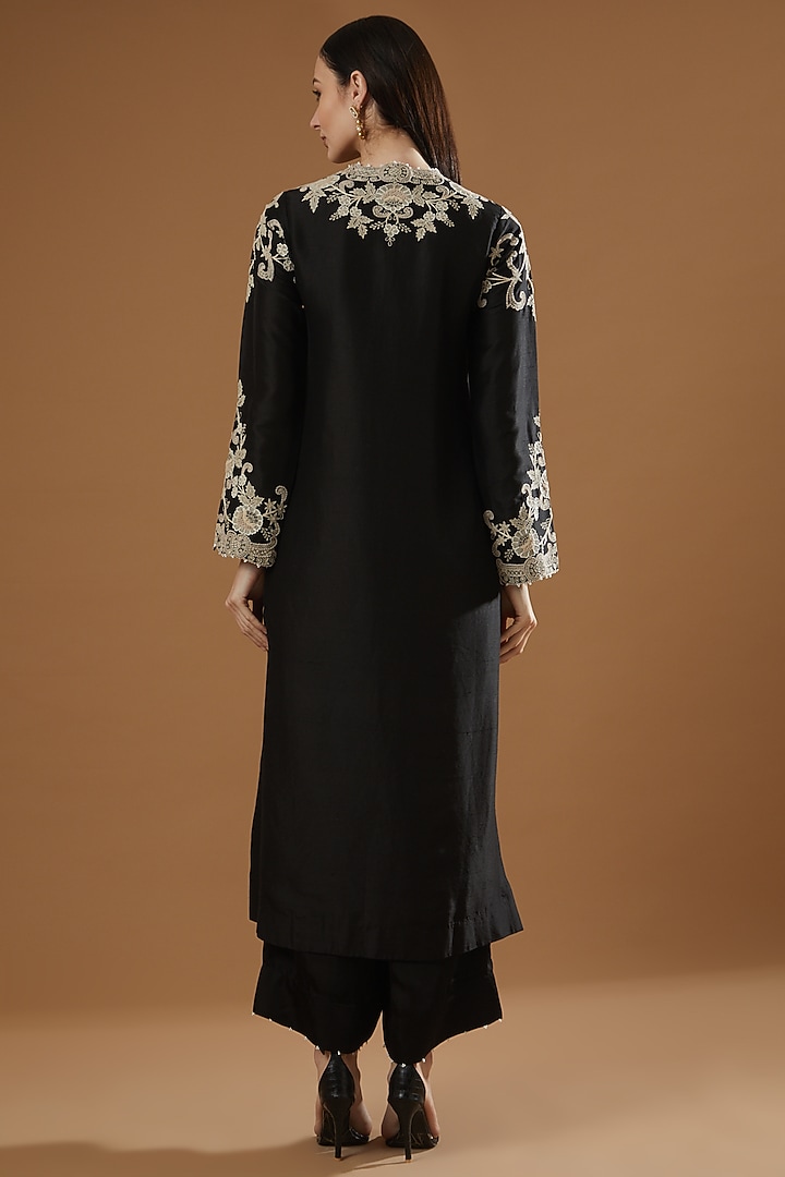 Black Dupion Straight Long Kurta Set by Minaxi Dadoo at Pernia's Pop Up Shop