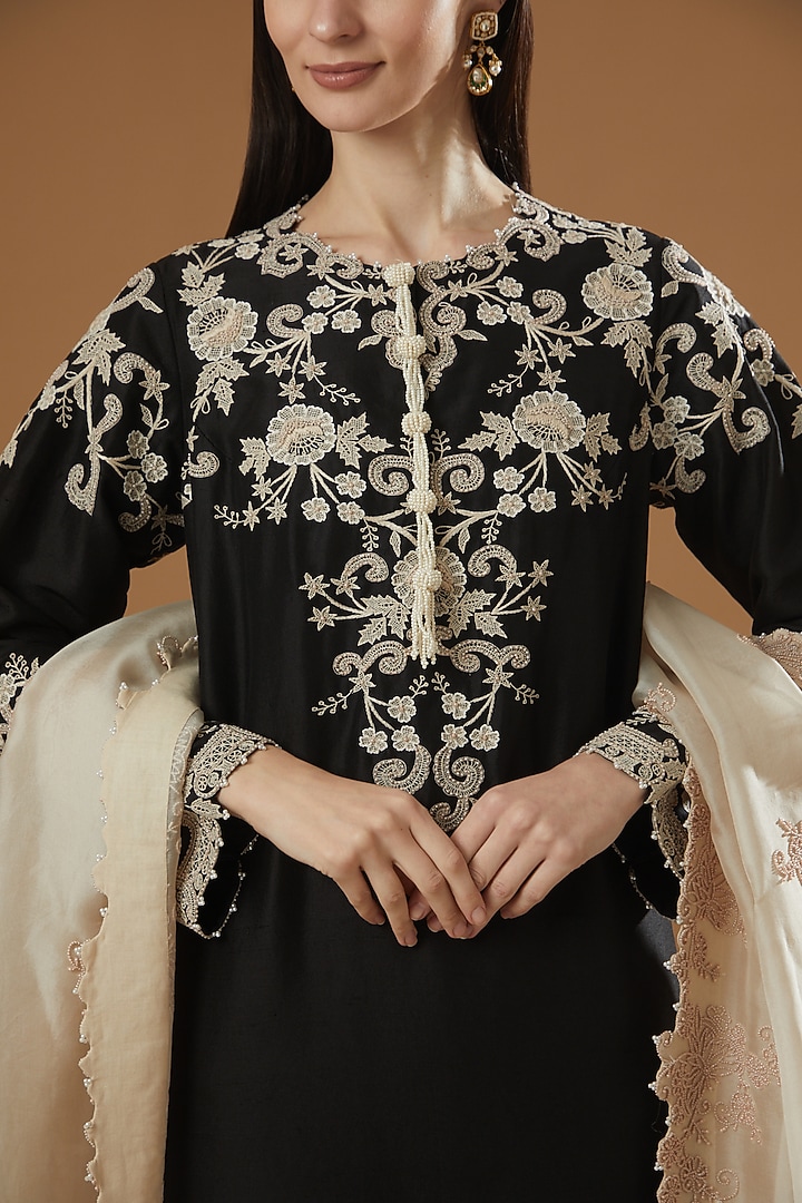Black Dupion Straight Long Kurta Set by Minaxi Dadoo at Pernia's Pop Up Shop