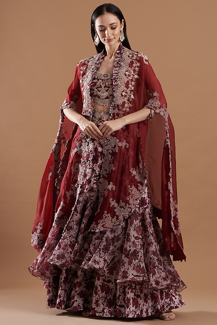 Maroon Organza Embroidered Cape Set by Minaxi Dadoo at Pernia's Pop Up Shop