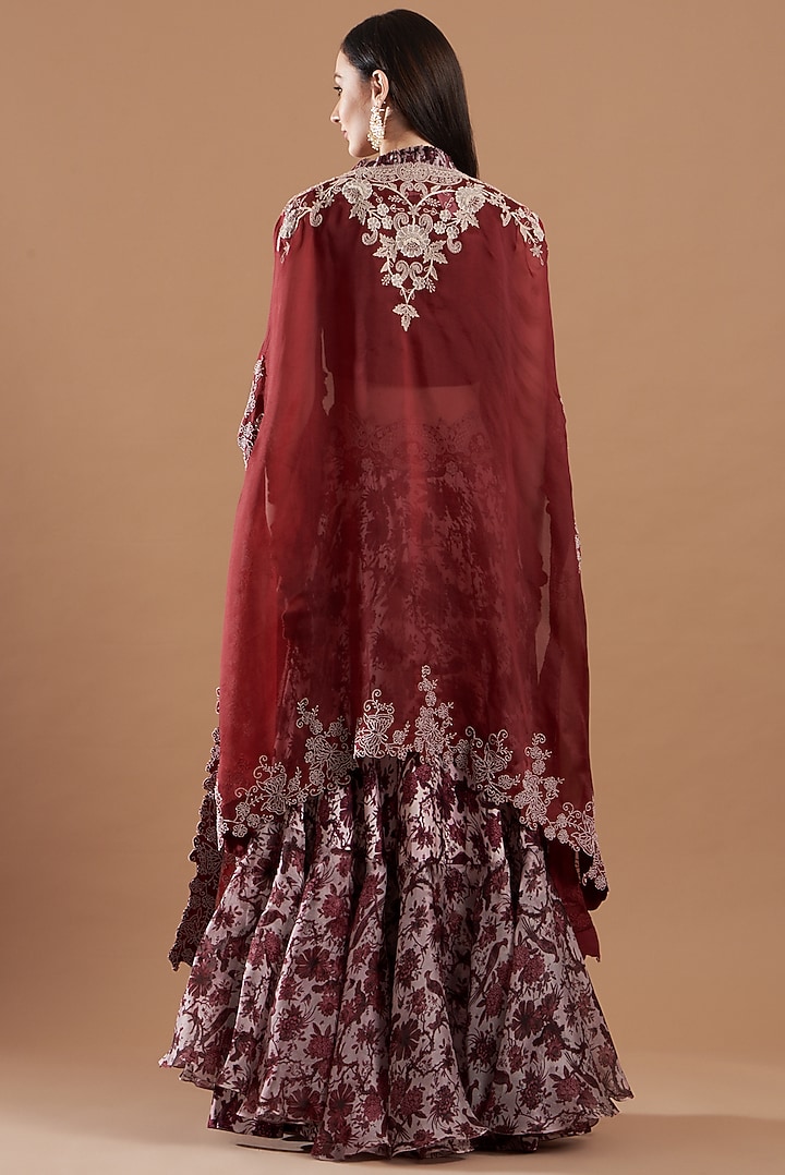 Maroon Organza Embroidered Cape Set by Minaxi Dadoo at Pernia's Pop Up Shop