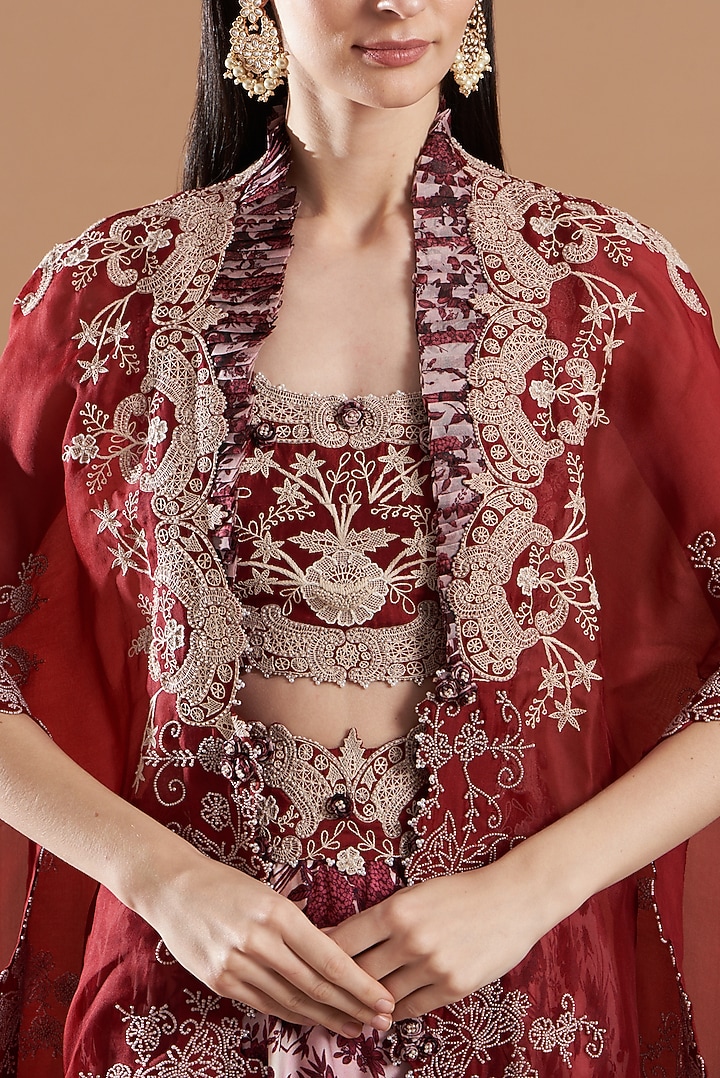 Maroon Organza Embroidered Cape Set by Minaxi Dadoo at Pernia's Pop Up Shop