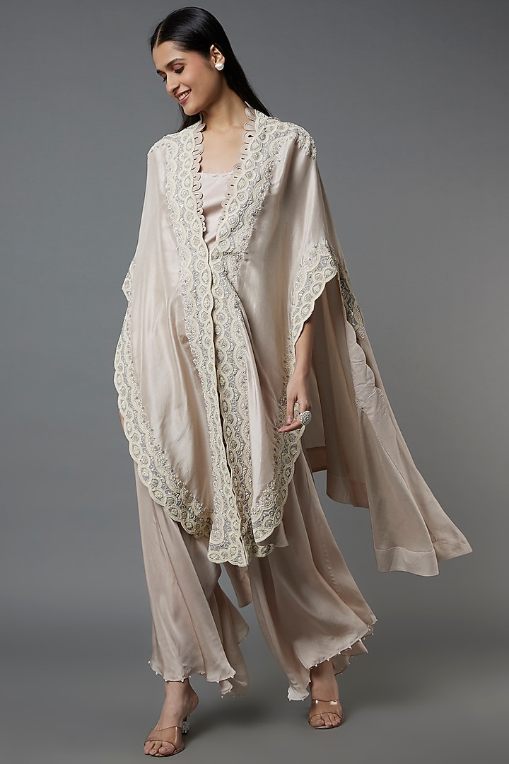 Beige Embroidered Cape Set by Minaxi Dadoo at Pernia's Pop Up Shop