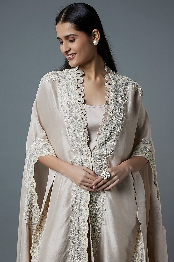 Beige Embroidered Cape Set by Minaxi Dadoo at Pernia's Pop Up Shop
