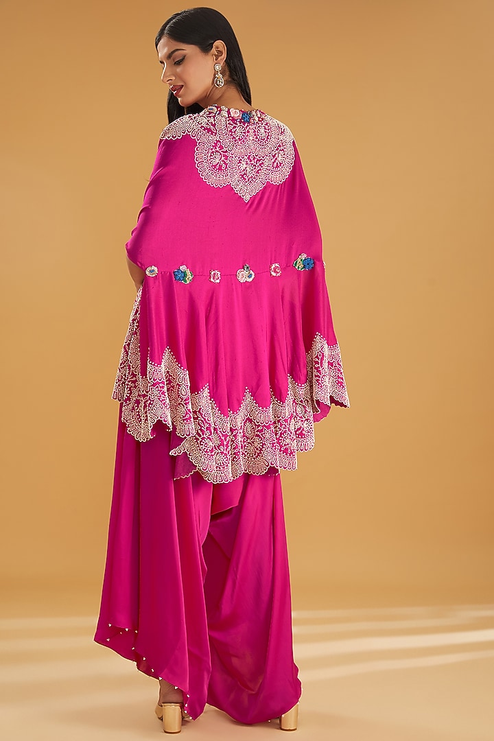 Red Dupion Pearl Embroidered Scalloped Cape Set by Minaxi Dadoo at Pernia's Pop Up Shop