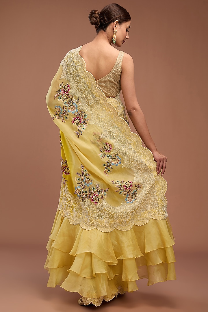 Yellow Dupion Pearl Work Ruffled Reception Saree Set by Minaxi Dadoo at Pernia's Pop Up Shop