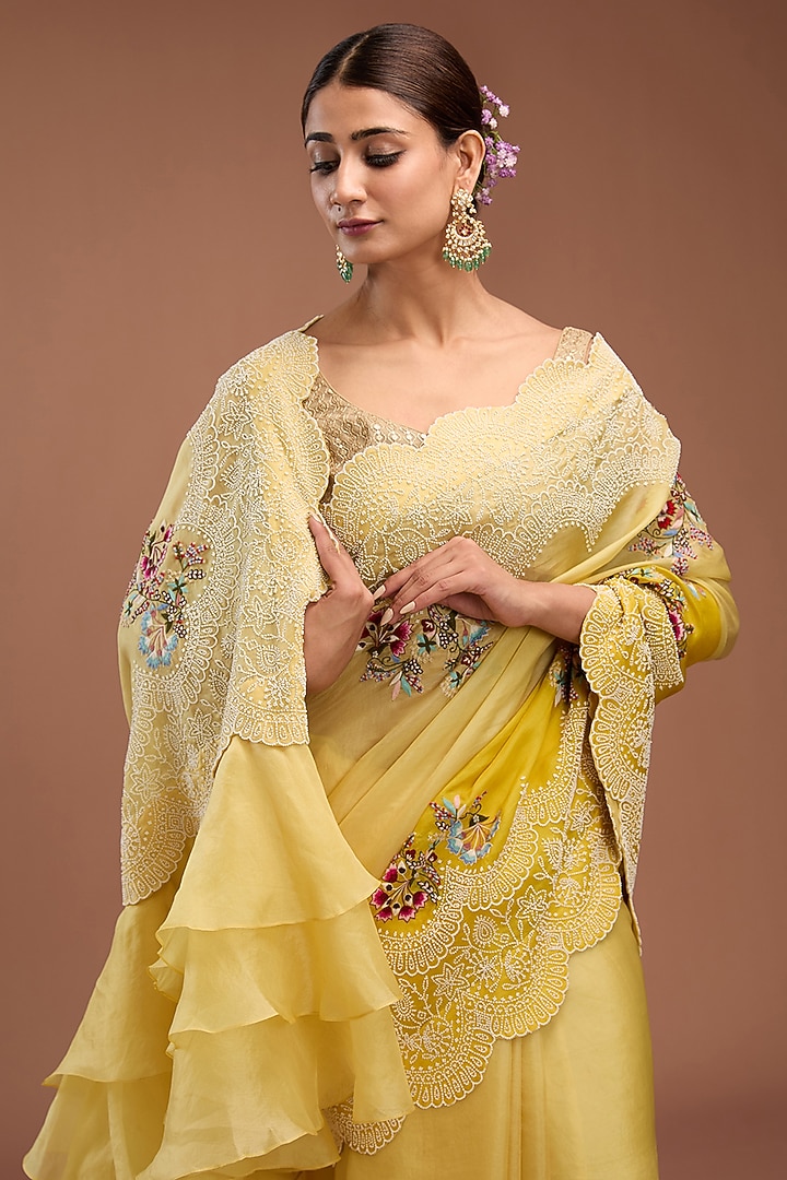 Yellow Dupion Pearl Work Ruffled Reception Saree Set by Minaxi Dadoo at Pernia's Pop Up Shop