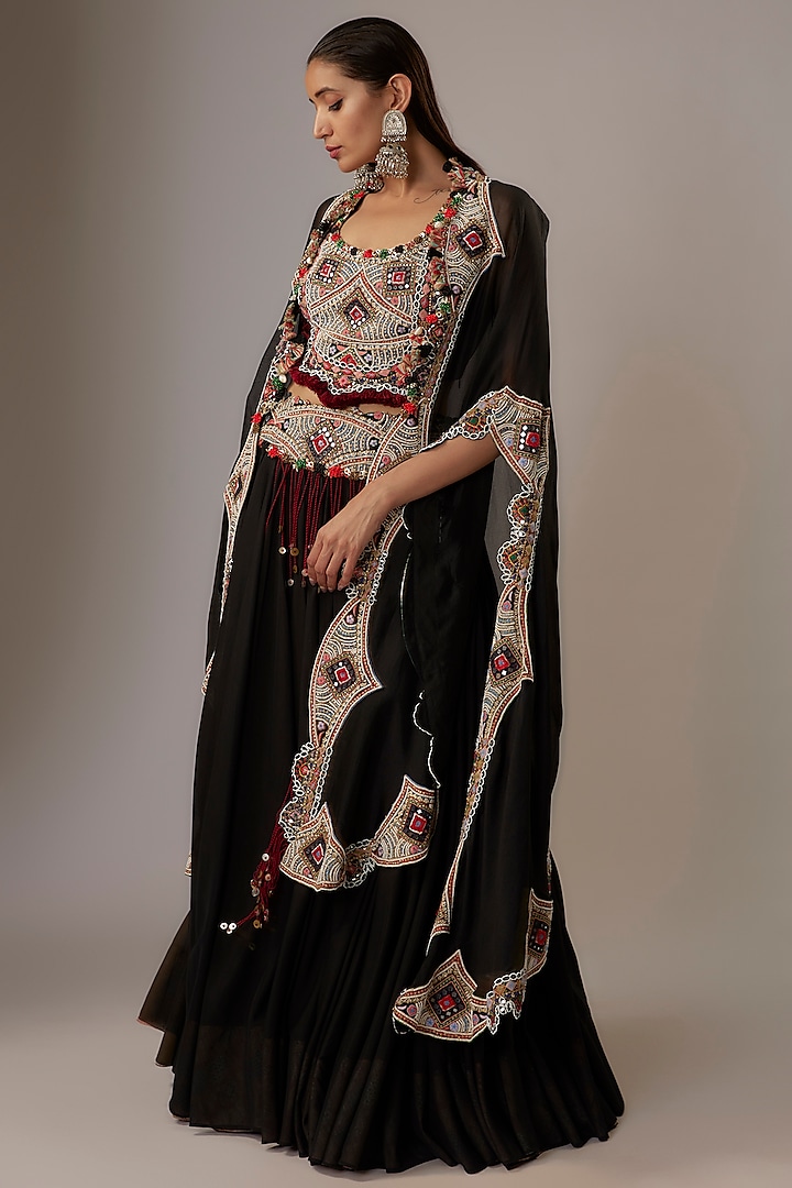 Black Organza & Silk Thread Embroidered Jacket Tiered Bridal Lehenga Set by Minaxi Dadoo at Pernia's Pop Up Shop