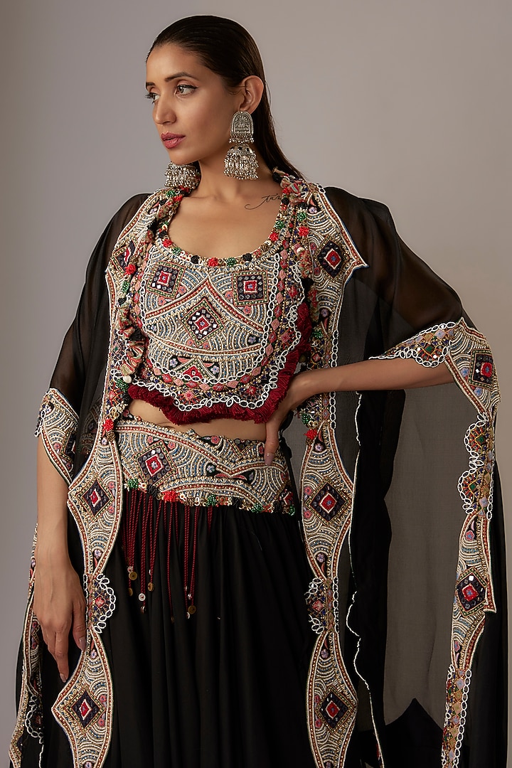 Black Organza & Silk Thread Embroidered Jacket Tiered Bridal Lehenga Set by Minaxi Dadoo at Pernia's Pop Up Shop