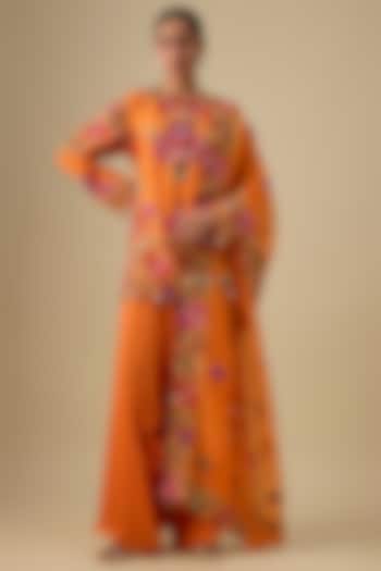 Orange Dupion Silk Kashmiri Work Short Kurta Set by Minaxi Dadoo at Pernia's Pop Up Shop