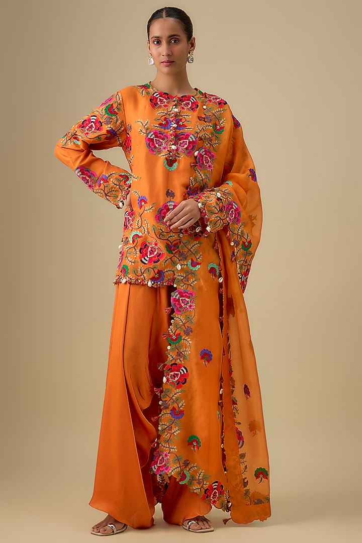 Orange Dupion Silk Kashmiri Work Short Kurta Set by Minaxi Dadoo at Pernia's Pop Up Shop
