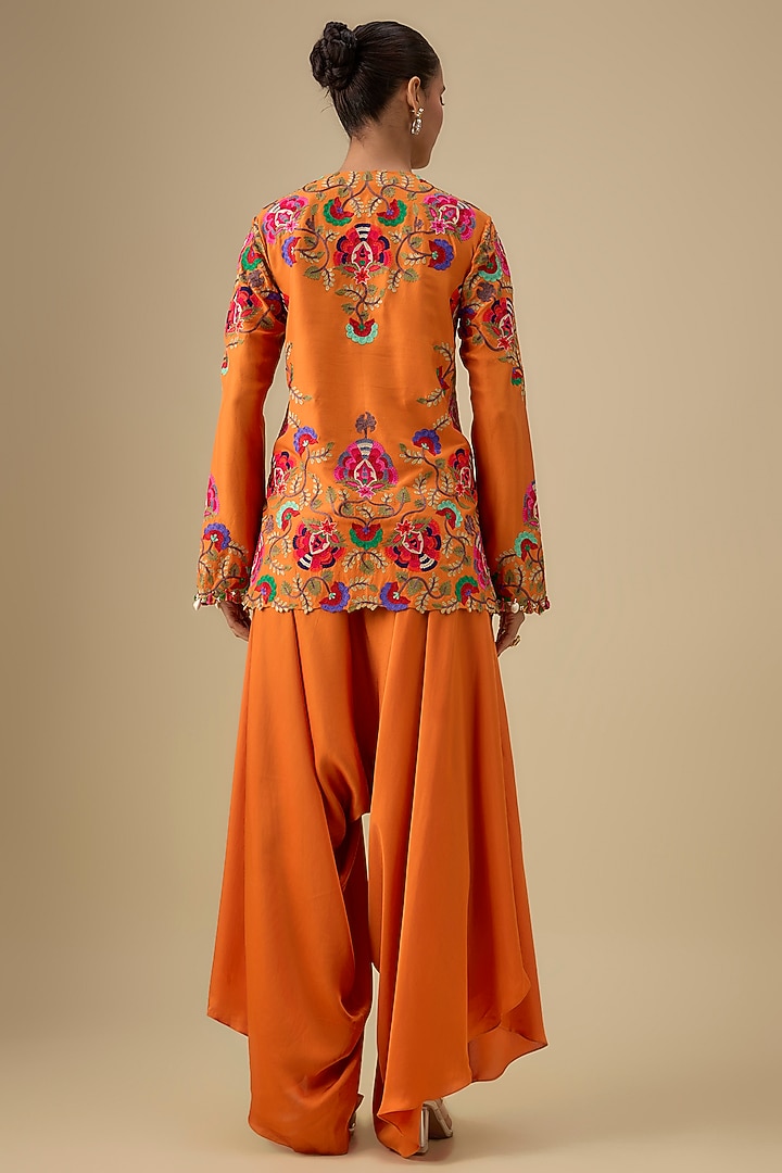 Orange Dupion Silk Kashmiri Work Short Kurta Set by Minaxi Dadoo at Pernia's Pop Up Shop