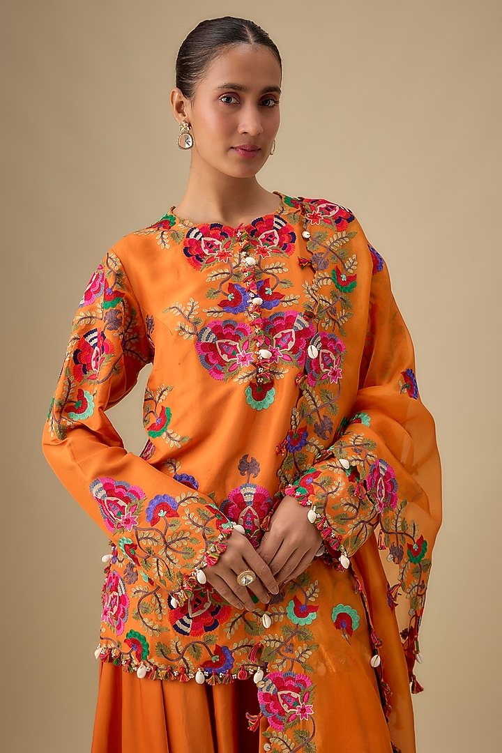 Orange Dupion Silk Kashmiri Work Short Kurta Set by Minaxi Dadoo at Pernia's Pop Up Shop