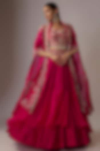 Red Organza & Silk Thread Embroidered Jacket Tiered Bridal Lehenga Set by Minaxi Dadoo at Pernia's Pop Up Shop