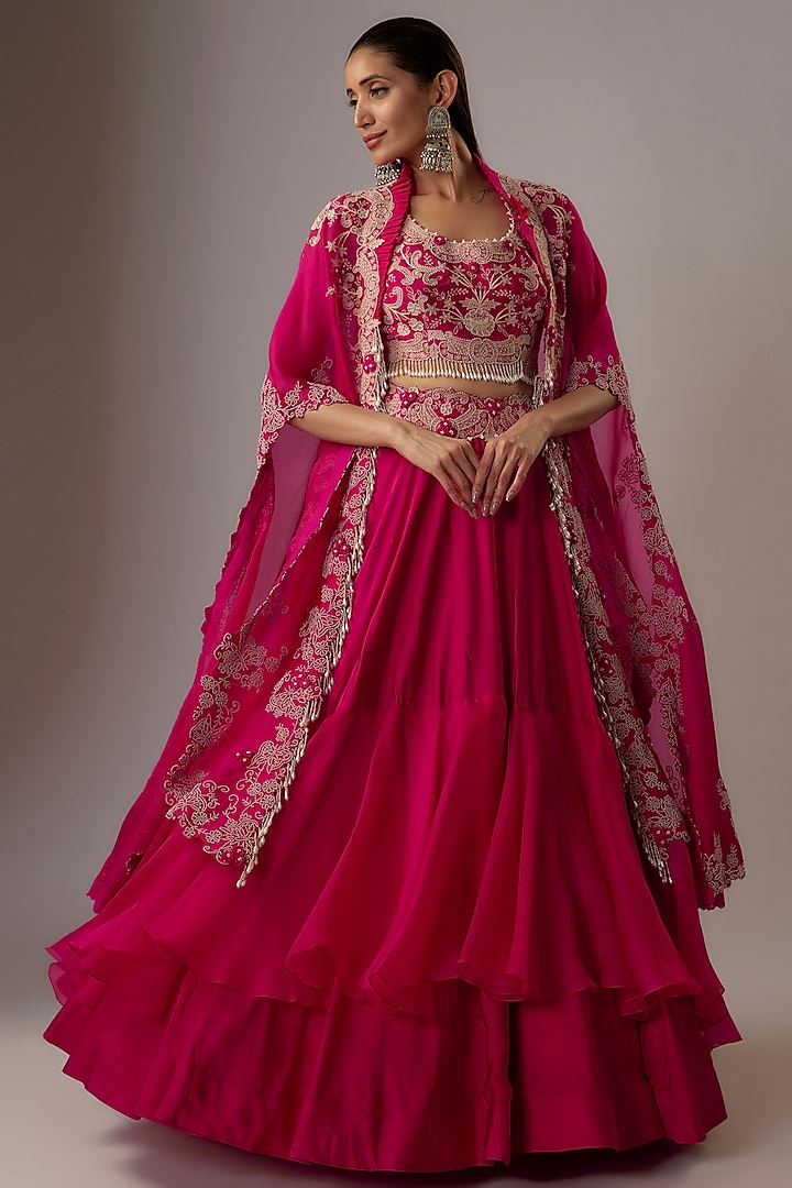 Red Organza & Silk Thread Embroidered Jacket Tiered Bridal Lehenga Set by Minaxi Dadoo at Pernia's Pop Up Shop