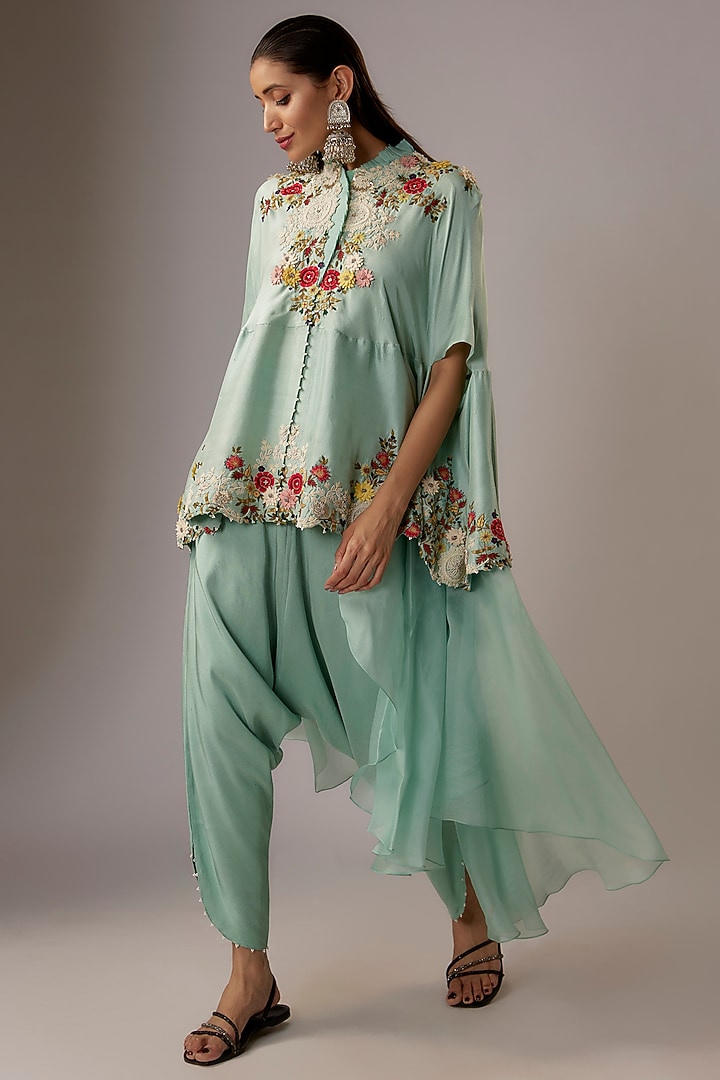 Powder Blue China Dupion Cape Set by Minaxi Dadoo at Pernia's Pop Up Shop