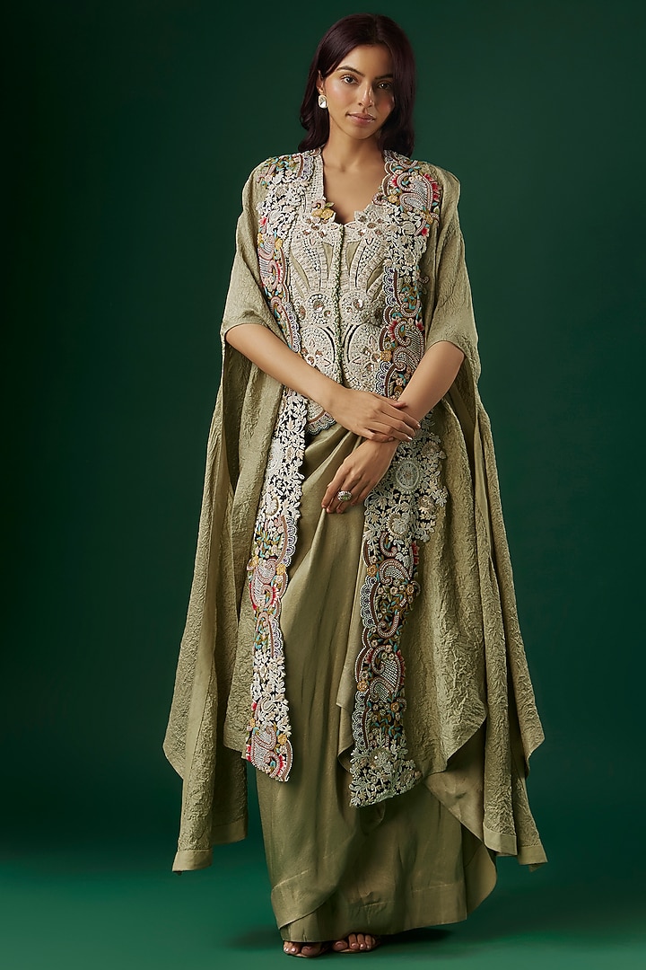 Olive Green Dupion Silk Thread Embroidered Butterfly Cape Set by Minaxi Dadoo at Pernia's Pop Up Shop