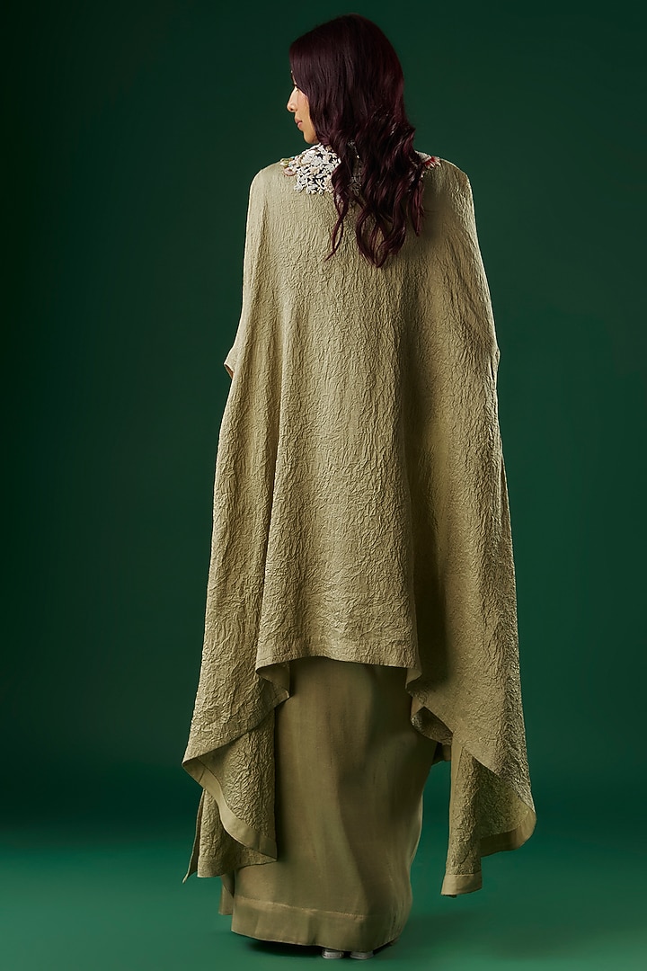 Olive Green Dupion Silk Thread Embroidered Butterfly Cape Set by Minaxi Dadoo at Pernia's Pop Up Shop