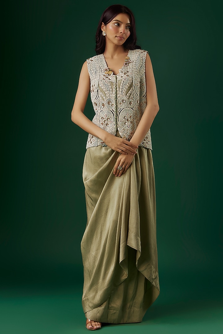 Olive Green Dupion Silk Thread Embroidered Butterfly Cape Set by Minaxi Dadoo at Pernia's Pop Up Shop