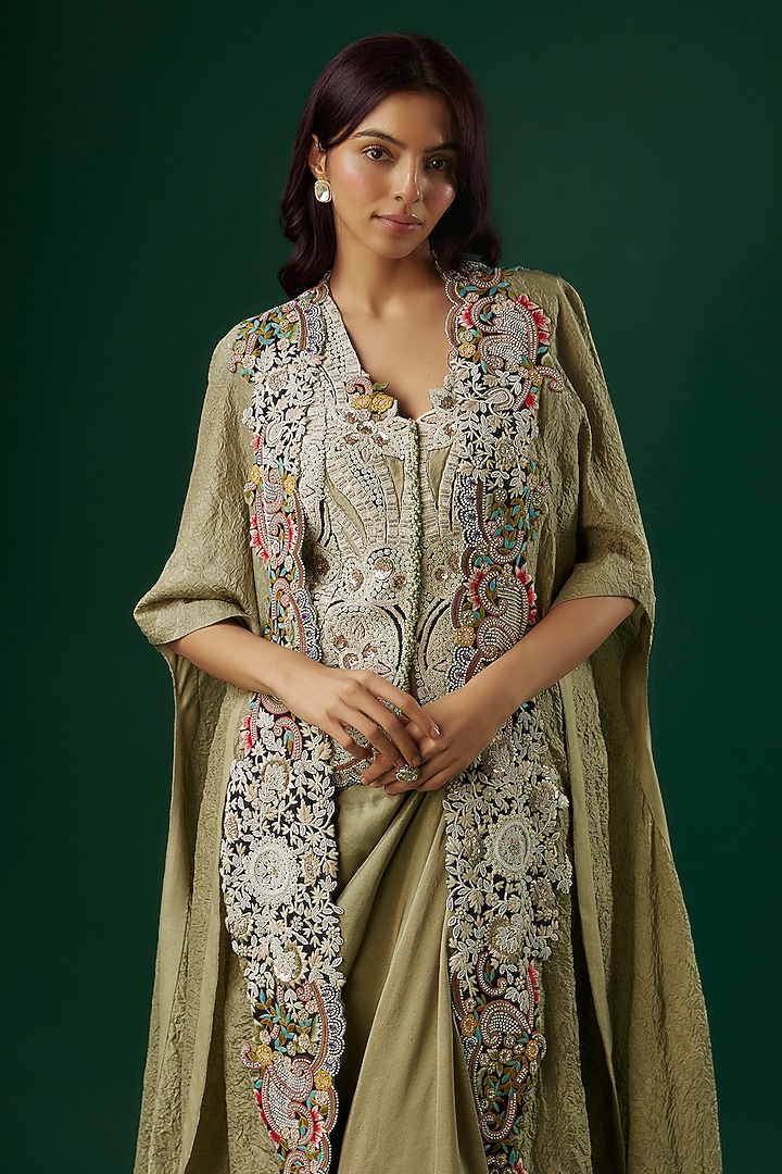 Olive Green Dupion Silk Thread Embroidered Butterfly Cape Set by Minaxi Dadoo at Pernia's Pop Up Shop