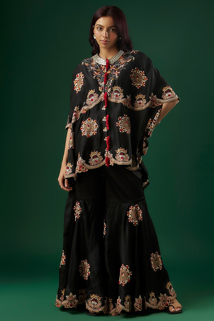 Black Dupion Silk Floral Boota Embroidered Gharara Set by Minaxi Dadoo