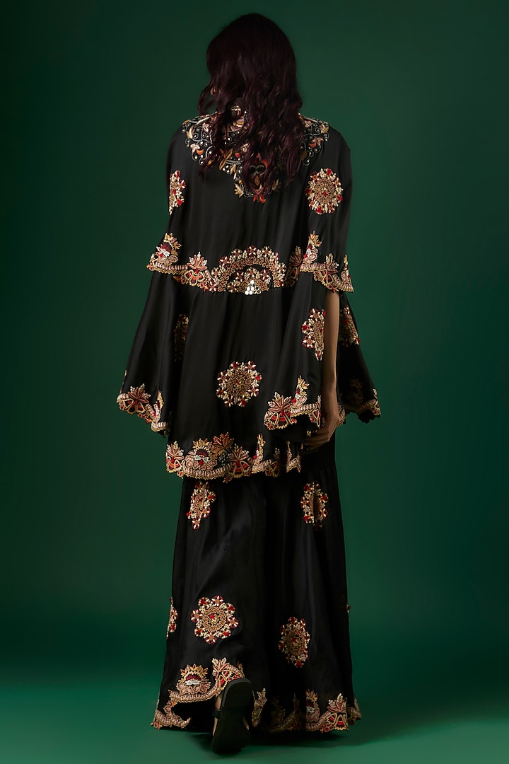 Black Dupion Silk Floral Boota Embroidered Gharara Set by Minaxi Dadoo at Pernia's Pop Up Shop