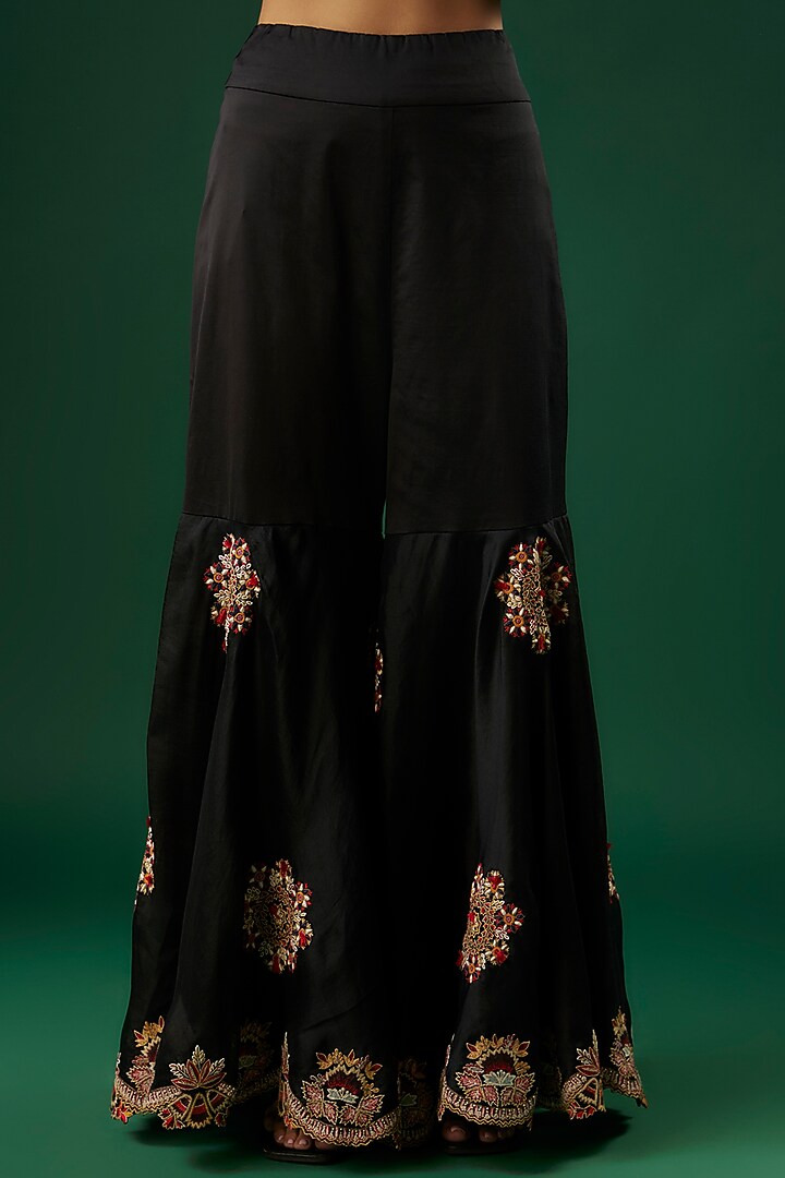 Black Dupion Silk Floral Boota Embroidered Gharara Set by Minaxi Dadoo at Pernia's Pop Up Shop