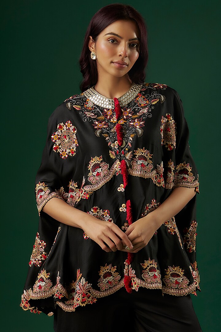 Black Dupion Silk Floral Boota Embroidered Gharara Set by Minaxi Dadoo at Pernia's Pop Up Shop