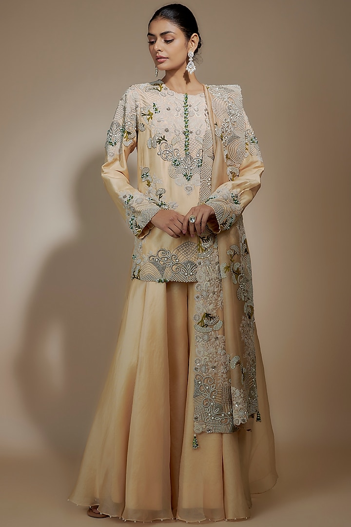 Beige Organza Sharara Set by Minaxi Dadoo at Pernia's Pop Up Shop