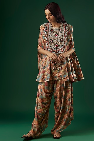 Multi-Colored Silk Printed & Thread Embroidered Cape Set by Minaxi Dadoo