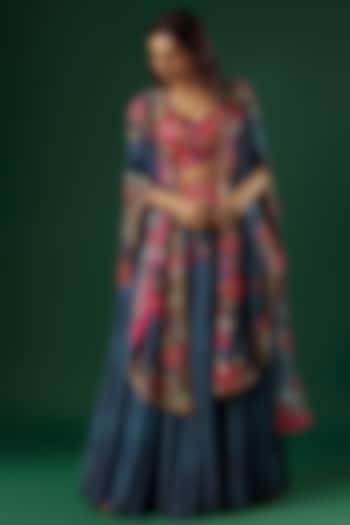 Peacock Blue Chanderi Thread Embroidered Jacket Bridal Lehenga by Minaxi Dadoo at Pernia's Pop Up Shop