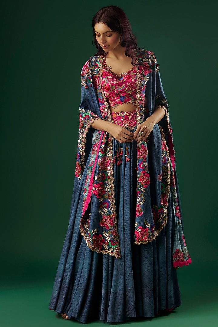 Peacock Blue Chanderi Thread Embroidered Jacket Bridal Lehenga by Minaxi Dadoo at Pernia's Pop Up Shop