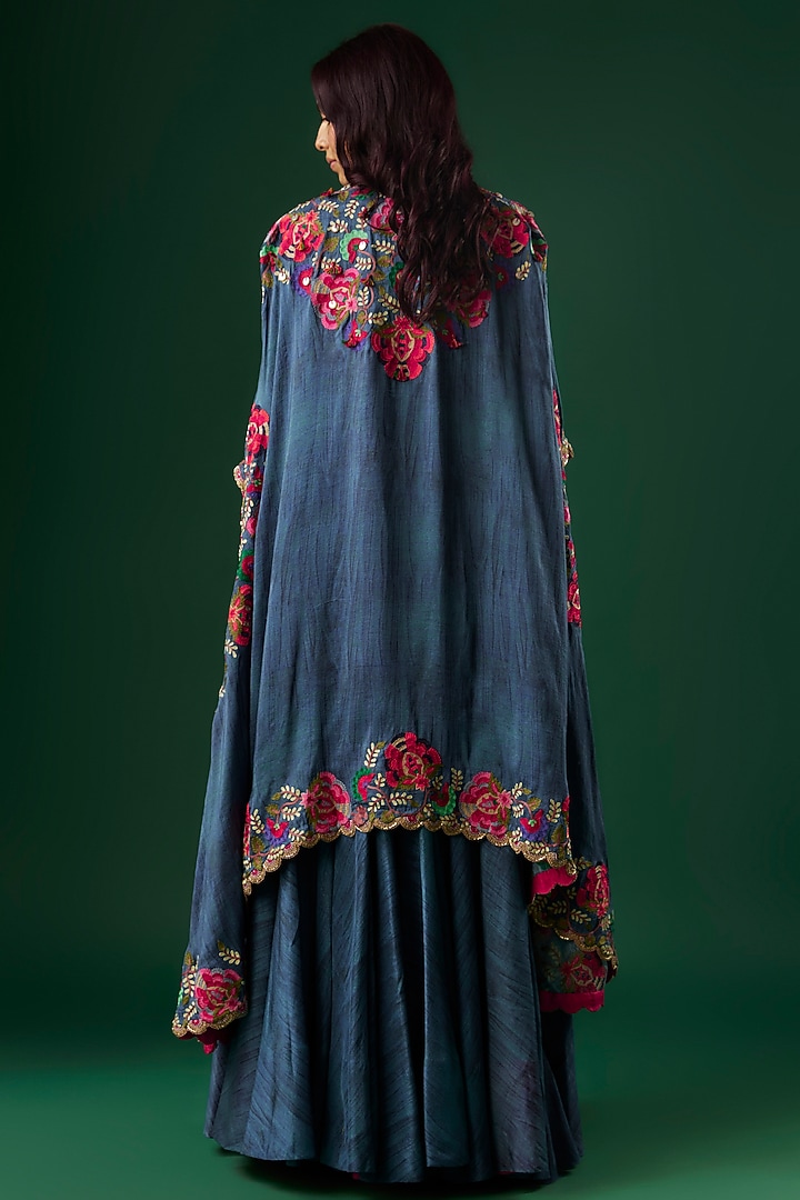 Peacock Blue Chanderi Thread Embroidered Jacket Bridal Lehenga by Minaxi Dadoo at Pernia's Pop Up Shop